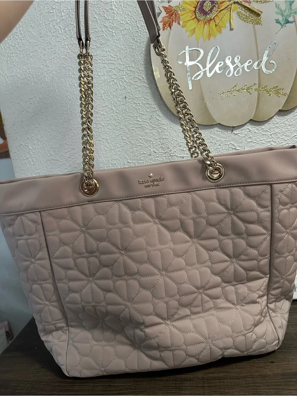 kate spade flower Quilted Blush Pink Tote with Gold Chain Straps
